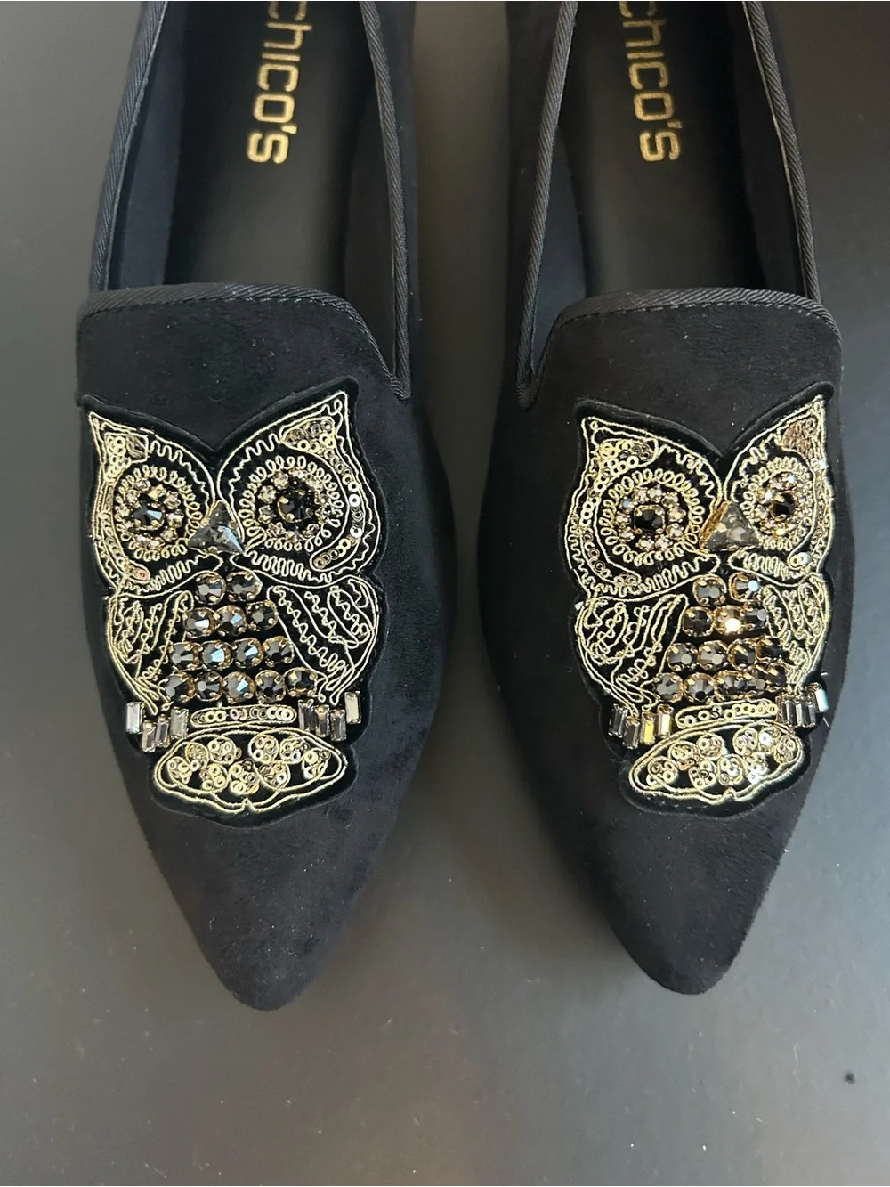 Chico’s Black Suede Pointed Toe Flats Gold beaded Owl Embellishment Size 6.5
